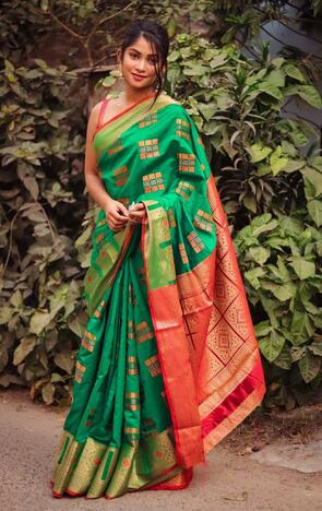 Fashionable Rama Green Color Banarasi Silk Silver Designer All Over Zari Fancy Saree Blouse For Function Wear