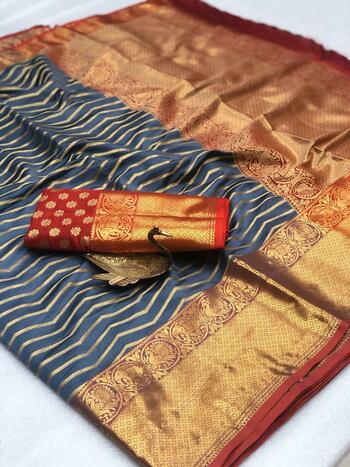 Party Wear Grey Banarasi Silk Zari Weaving Fancy Saree