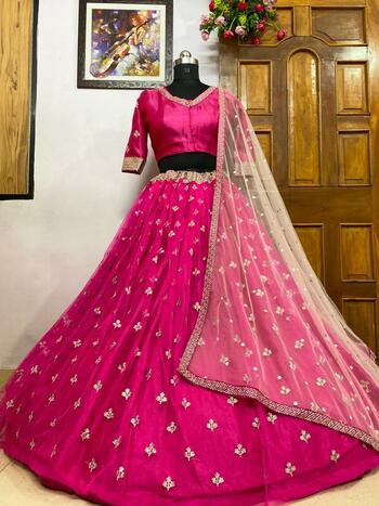 Function Wear Rani Pink Color Soft Net Designer Embroidered Butti Work Fancy Lehenga Choli Design Online