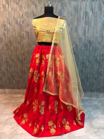 Impressive Red Color Taffeta Silk Embroidered Work Wedding Wear Lehenga Choli