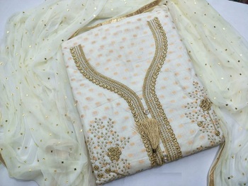 Remarkable Off White Color Cotton Embroidered Work Salwar Suit