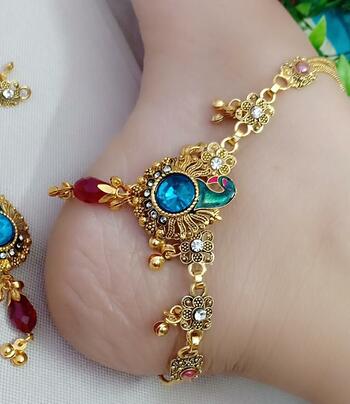 Trendy Blue & Red Diamond Golden Imitation Anklet KLP446