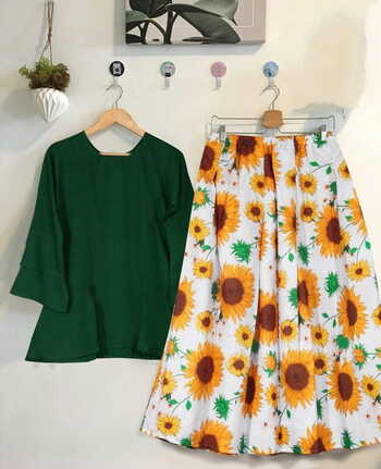 Elegant Dark Green Color Full Stitched Rayon Fancy Digital Printed Skirt Top For Festive Wear