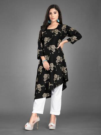 Black Color Ready Made Cotton Rayon Foil Printed Design Pent Kurti For Women