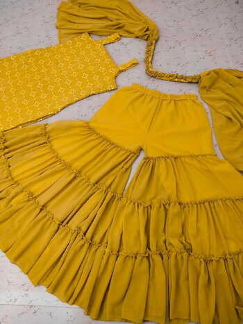 Mustard Color Ready Made Georgette Designer Embroidered Sequence Work Salwar Suit