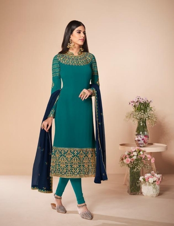 Rama Blue Colour Georgette Chain Stitch Stone Work Salwar Suit