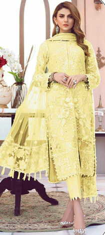 Majesty Yellow Color Butterfly Net Multi Sequence Embroidered Stitch Moti Work Salwar Suit For Party Wear