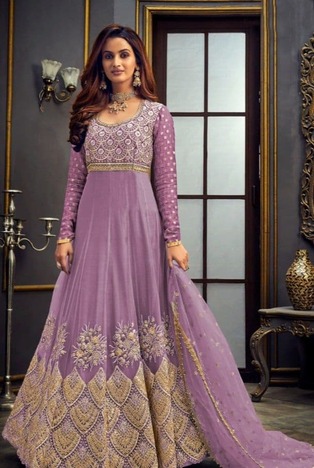 Violet Color Wedding Wear Stone Sequence Silk Salwar Suit