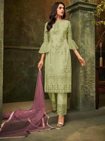 Party Wear Green Colour Designer Net Embroidered Work Semi Stitched Salwar Suit