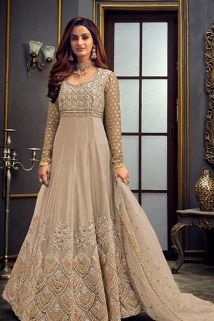 Cream Color Silk Designer Embroidered Stone Work Salwar Suit