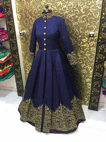 Navy Blue Designer Banglori Silk Embroidered Work Gown Design Online
