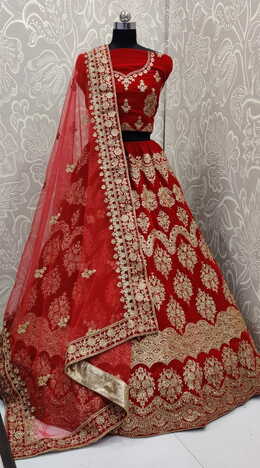 Dazzling Red Color Designer Velvet Zari Sequence Diamond Embroidered Work Lehenga Choli