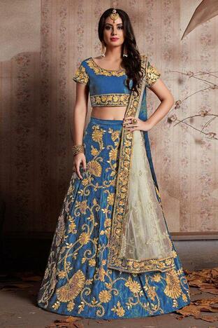 Demanding Blue Color Wedding Wear Velvet Taffeta Silk Designer Embroidered Work Fancy Lehenga Choli