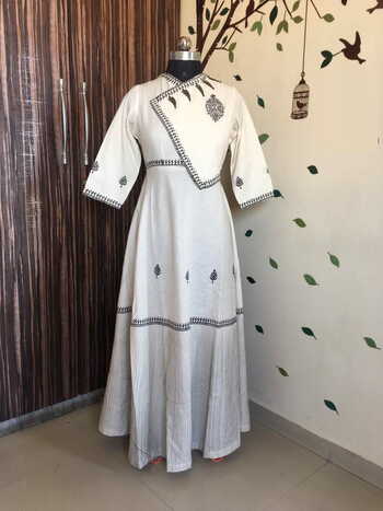 Refreshing Off White Color Party Wear Cotton Ready Made Hand Work Fancy Printed Long Kurti For Women