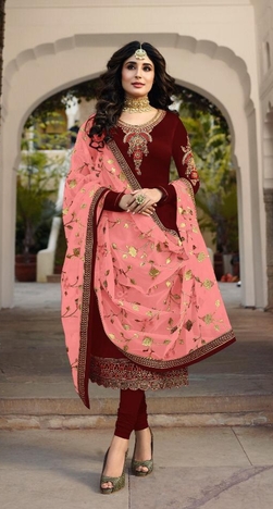 Amazing Red Color Satin Georgette Embroidered Stone Work Fancy Straight Cut Salwar Suit For Party Wear