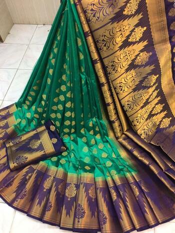 Accomplishment Rama Green Color Classy Rich Pallu Nylon Silk Fancy Occasion Wear Saree Blouse