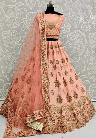 Nice Peach Color Silk Diamond Embroidered Sequence Thread Work Bridal Wear Lehenga Choli Online