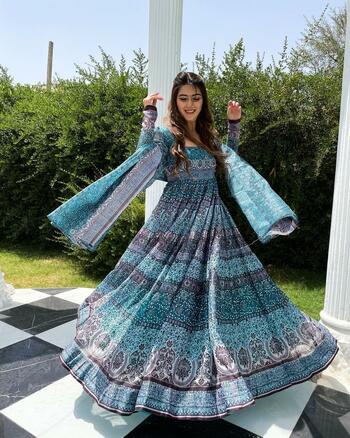 Engrossing Rama Color Butter Silk Full Stitched Digital Printed Fancy Anarkali Style Dupatta Gown For Women