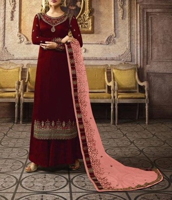 Maroon Color Silk Chinon Embroidered Work Designer Salwar Suit