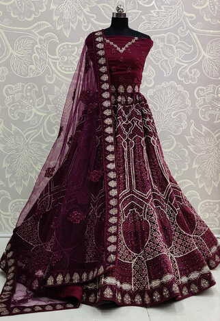 Unique Wine Color Wedding Wear Soft Net Zarkan Diamond Embroidered Thread Work Lehenga Choli
