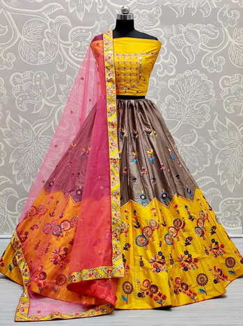 Yellow Wedding Wear Satin Silk Multi Thread Embroidered Sequence Work Lehenga Choli