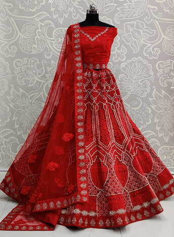 Amazing Red Color Festive Wear Soft Net Fancy Embroidered Thread Zarkan Diamond Work Lehenga Choli