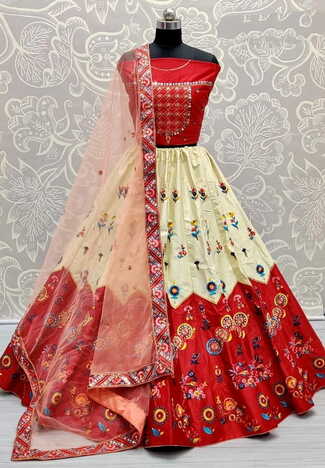 Red Satin Silk Designer Sequence Embroidered Multi Thread Work Lehenga Choli