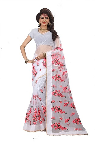 Party Wear White Net Embroidered Work Saree Design Online