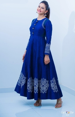 Royal Blue Colour Satin Banglori Embroidered Thread Work Gown