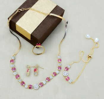 Pretty Pink Alloy Diamond Imitation Necklace Set KLP236