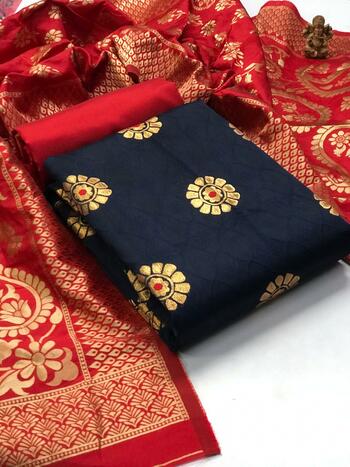 Gleaming Navy Blue Color Party Wear Banarasi Silk All Over Weaving Design Salwar Suit