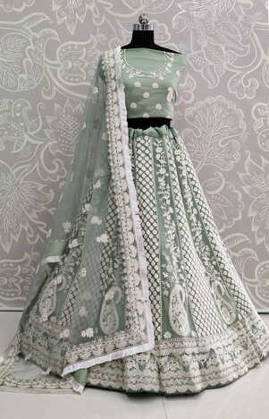 Function Wear Pista Green Color Thread Lakhanavi Work Soft Net Lehenga Choli For Bridal Wear