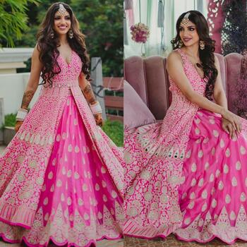 Notorious Rani Pink Color Wedding Wear Full Stitched Georgette Chine Stitched Mirror Hand Work Indo Western Lehenga