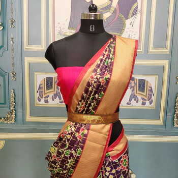 Gorgeous Purple Color Wedding Wear Digital Printed Designer Patola Banarasi Gotta Satin With Belt Saree Blouse