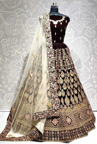 Charismatic Coffee Brown Color Function Wear Soft Velvet Zari Diamond Thread Embroidered Work Bridal Lehenga Choli