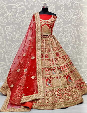Novel Red Color Wedding Wear Zari Thread Diamond Sequence Work Art Silk Fancy Lehenga Choli
