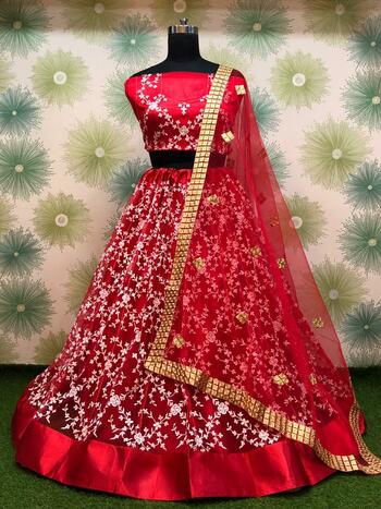 Flamboyant Red Color Wedding Wear Embroidered Thread Work Net Lehenga Choli