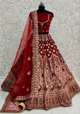 Desirable Red Color Bridal Wear Soft Velvet Diamond Embroidered Zari Thread Work Lehenga Choli