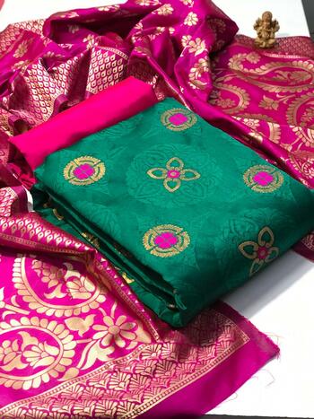 Tremendously Teal Color Festive Wear Banarasi Silk Weaving Design All Over Salwar Suit For Women
