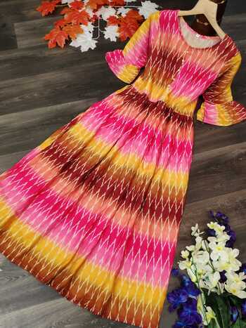 Tremendously Pink Color Ready Made Festive Wear Cotton Flex Printed Fancy Long Kurti For Women