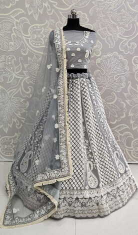 Enamoring Grey Color Festive Wear Soft Net Thread Lakhanavi Work Bridal Lehenga Choli