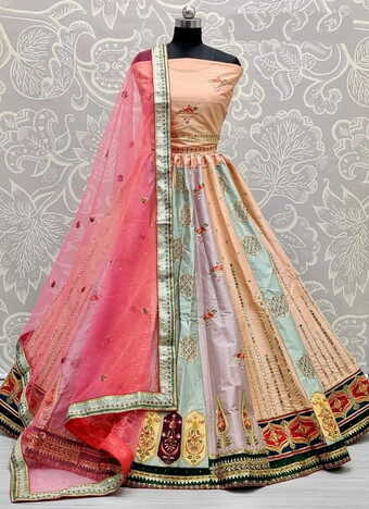 Peach Festive Wear Art Silk Mirror Sequence Thread Embroidered Work Lehenga Choli For Women