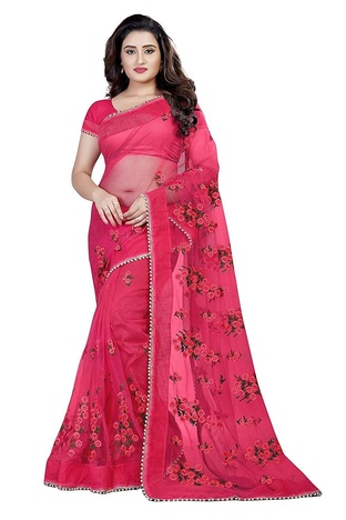 Function Wear Pink Net Embroidered Work Saree Design Online