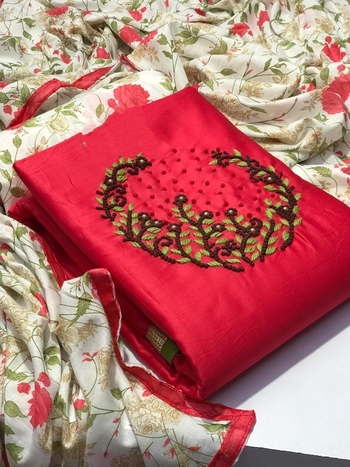 Classy Red Colour Jam Cotton With Embroidered Work Suit For Women