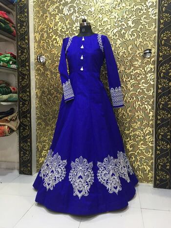 Royal Blue Colour Satin Banglori Embroidered Thread Work Gown