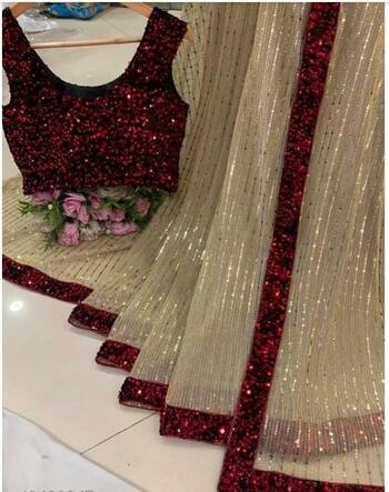Magnificent Wine Color Georgette Sequence Work Saree With Velvet Blouse Online