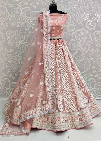 Irresistible Peach Color Wedding Wear Soft Net Thread Design Lakhanavi Work Lehenga Choli