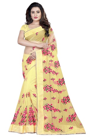 Yellow Color Soft Net Embroidered Work Saree Design Online