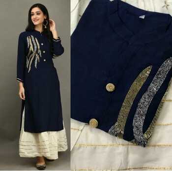 Admiring Navy Blue Color Party Wear Rayon Designer Hand Work Full Stitched Plazo Kurti For Women