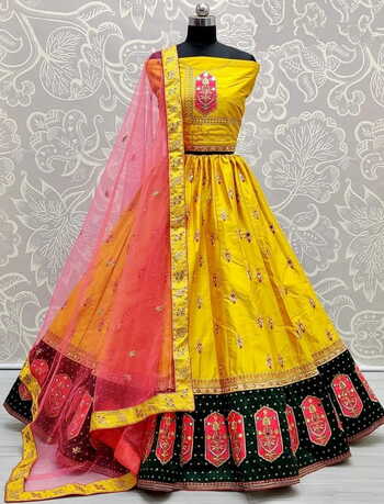 Yellow Festival Wear Satin Silk Diamond Zari Embroidered Mirror Thread Work Lehenga Choli
